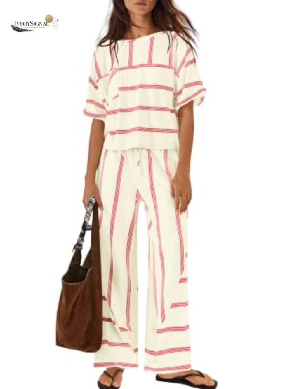 Women's Lounge Set 2 Piece Striped Short Sleeve Wide Leg Pants
